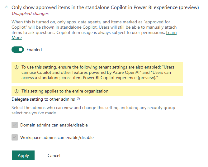 スタンドアロンの Power BI Copilot を、 Copilotに対して承認された項目に制限するテナント設定のスクリーンショット。