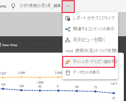 Screenshot shows a Power BI report page with the pin to dashboard option highlighted.
