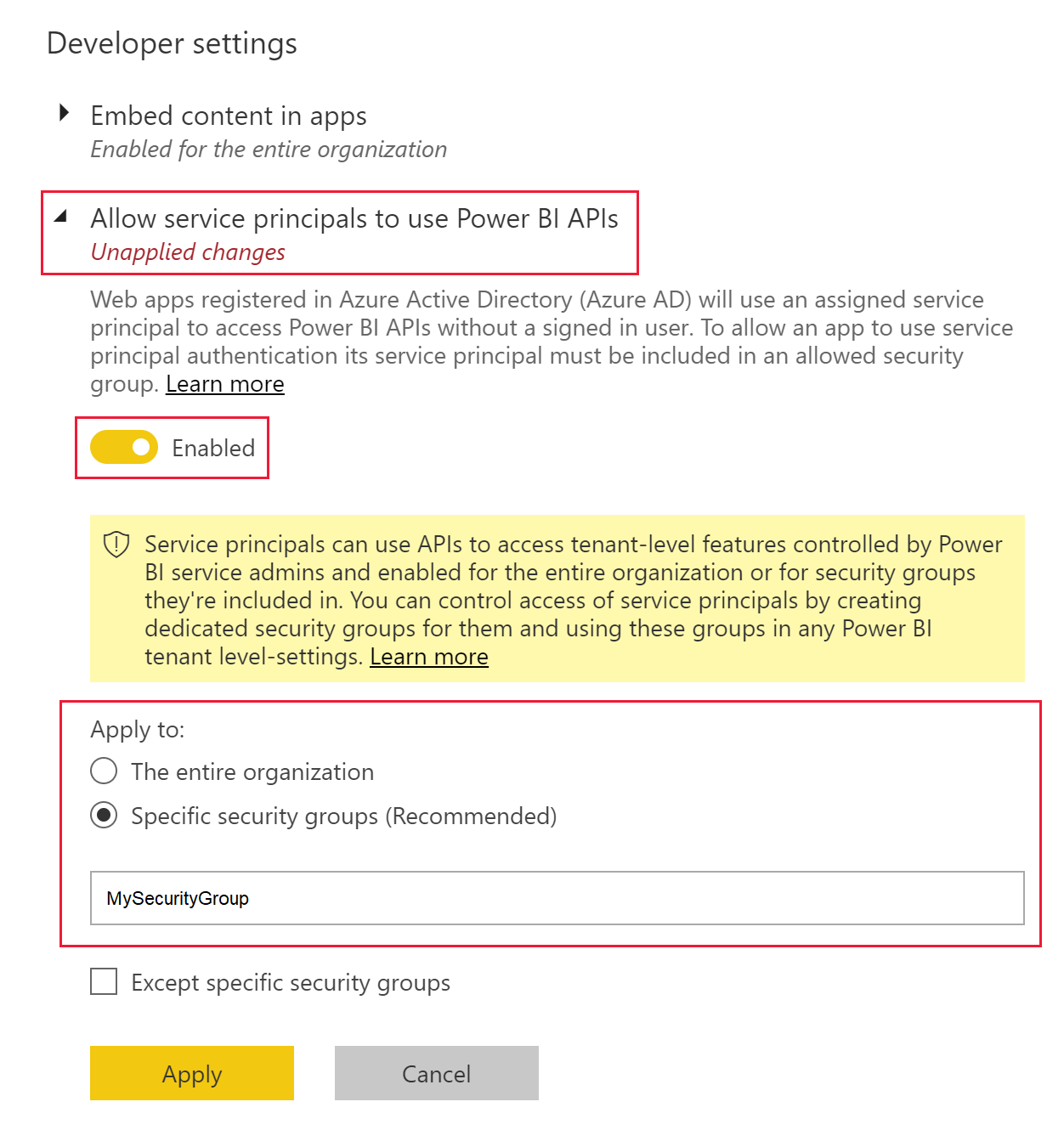 Screenshot of the Developer settings section. The option for allowing service principals to use Power BI APIs is turned on for one security group.
