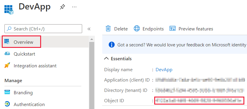 Azure portal ウィンドウのスクリーンショット。Microsoft Entra アプリケーションの [概要] ブレードにオブジェクト ID が表示されています。