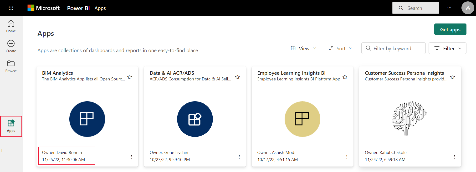 ナビゲーション ウィンドウの [アプリ] ページのスクリーンショット。