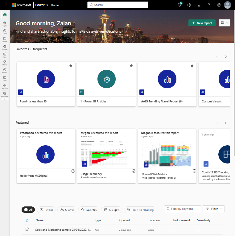 左側にナビゲーション ウィンドウが表示されている Power BI ホーム ページのスクリーンショット。