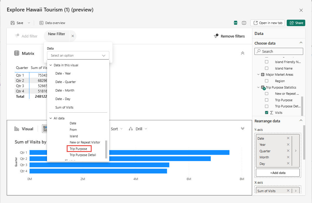 旅行目的の新しいフィルターの追加を示すスクリーンショット。