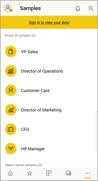 Power BI モバイル サンプルのスクリーンショット。