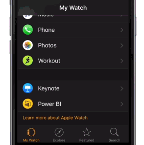 My Watch アプリが開き、Power BI アイコンが表示されている iPhone を示すスクリーンショット。