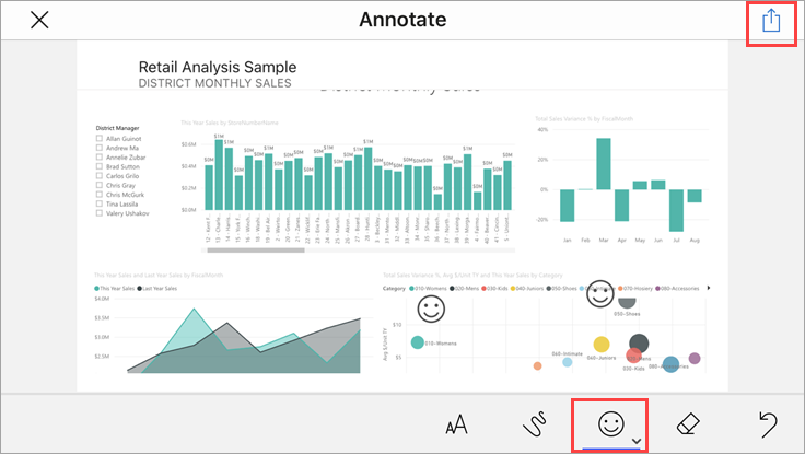 コメントを追加するための笑顔のアイコンが表示された Power BI モバイル レポート注釈ツール バーのスクリーンショット。