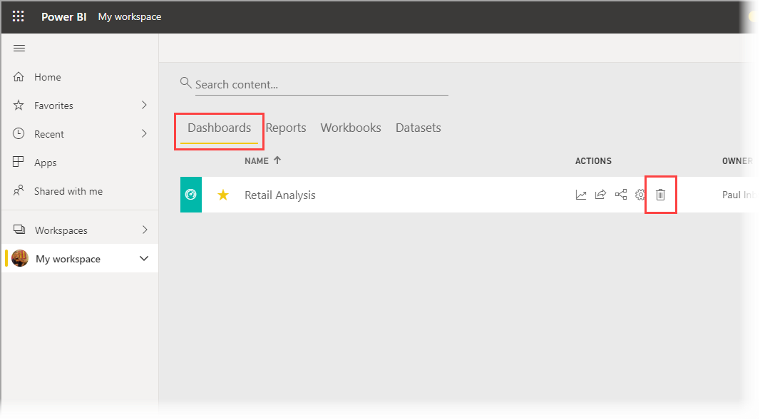 小売りの分析サンプル ダッシュボードを削除するための [削除] アイコンを示す Power BI サービス ワークスペースのスクリーンショット。