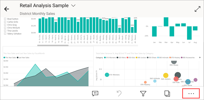 右下隅に [その他のオプション] メニュー コントロールが表示されている Power BI モバイル レポート ツール バーのスクリーンショット。