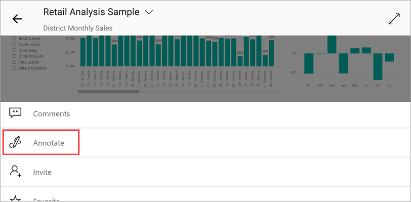 ノートを追加するために [注釈] オプションが強調表示されている Power BI モバイル レポート メニューのスクリーンショット。