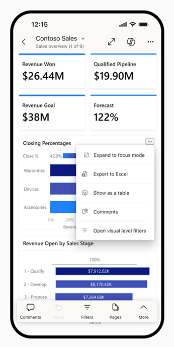 Power BI モバイル アプリのビジュアルで開いている [その他のオプション] メニューのスクリーンショット。[Excelにエクスポート] オプションが表示されています。