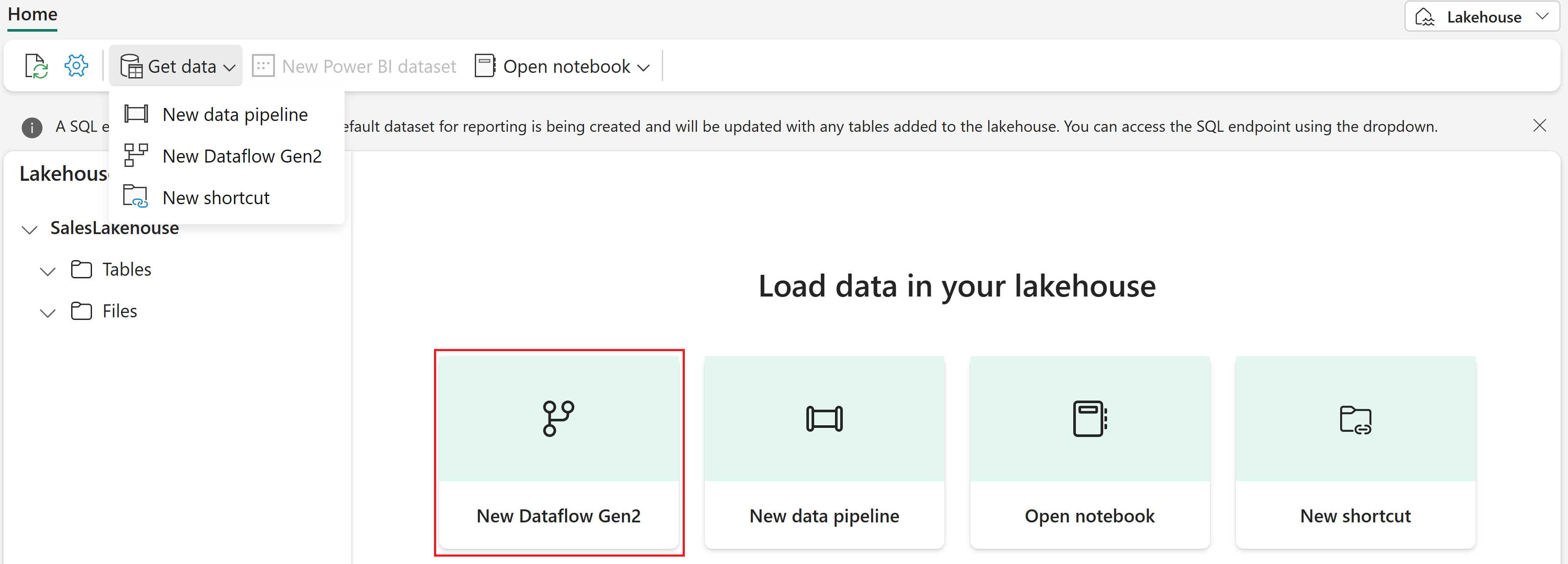 Screenshot of Get data drop down in the Lakehouse editor.