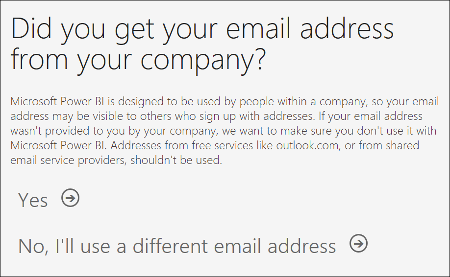 Screenshot of Power BI service showing prompt to confirm email address.