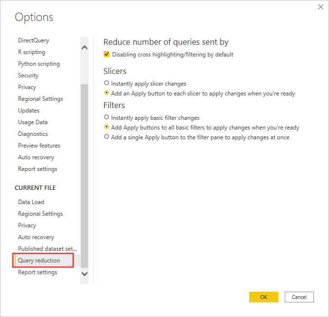 Screenshot of Power BI Desktop showing the Query Reduction filter in the Options window.