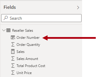 図には、[フィールド] ペインと、Order Number フィールドを含む販売ファクト テーブルが示されています。