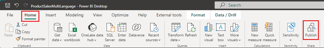 Screenshot shows the Power BI Desktop Home ribbon with the Publish button highlighted.