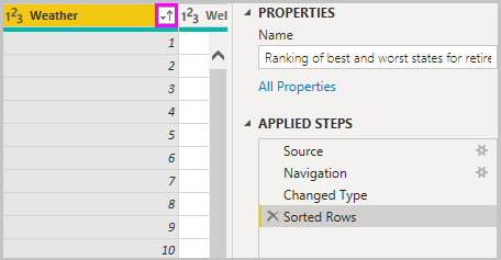 Screenshot of Power B I Desktop showing Sorted Rows appearing in Applied Steps.