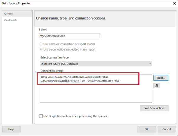 Screenshot showing Data source connection string.