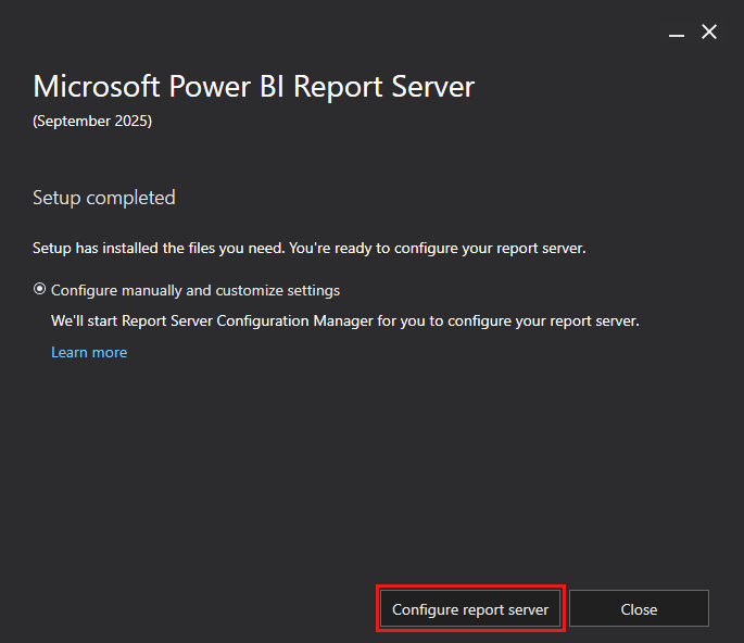 Power BI Report Server インストーラーの [セットアップの完了] ページのスクリーンショット。[レポート サーバーの構成] ボタンが強調表示されています。