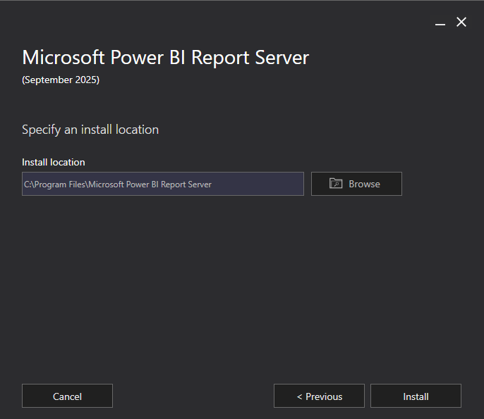 Power BI Report Server インストーラーの [インストール場所の指定] ページのスクリーンショット。[インストール場所] ボックスにはパスが含まれています。
