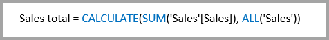 スクリプト例のスクリーンショット。例は、Sales total = Calculate(Sum('Sales'[Sales]), All('Sales')) です。