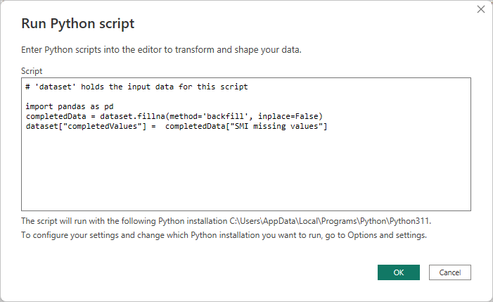 スクリプト コードを示す [Python スクリプトの実行] ダイアログのスクリーンショット。