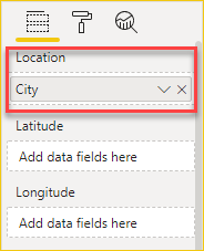 [場所] フィールドに市区町村データが表示された [視覚化] ペインを示すスクリーンショット。