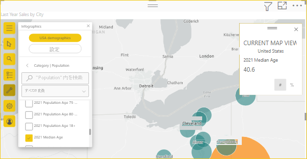 Screenshot shows a map with regional median age demographics.