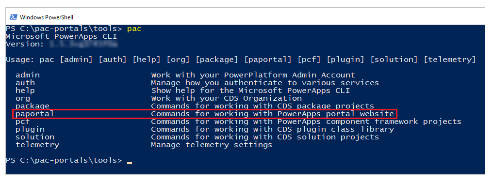 Microsoft Power Platform CLI で paportal コマンドを確認します。