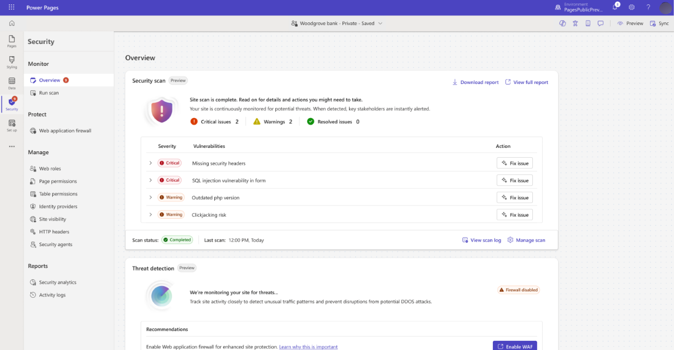セキュリティエージェントのアラート概要と、Power Pages でのガイド付き修正フローのスクリーンショット。