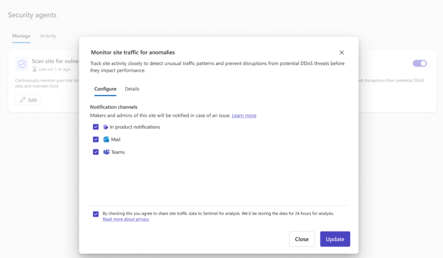 サイト トラフィックの詳細を示すPower Pagesのセキュリティ エージェント構成オプションのスクリーンショット。