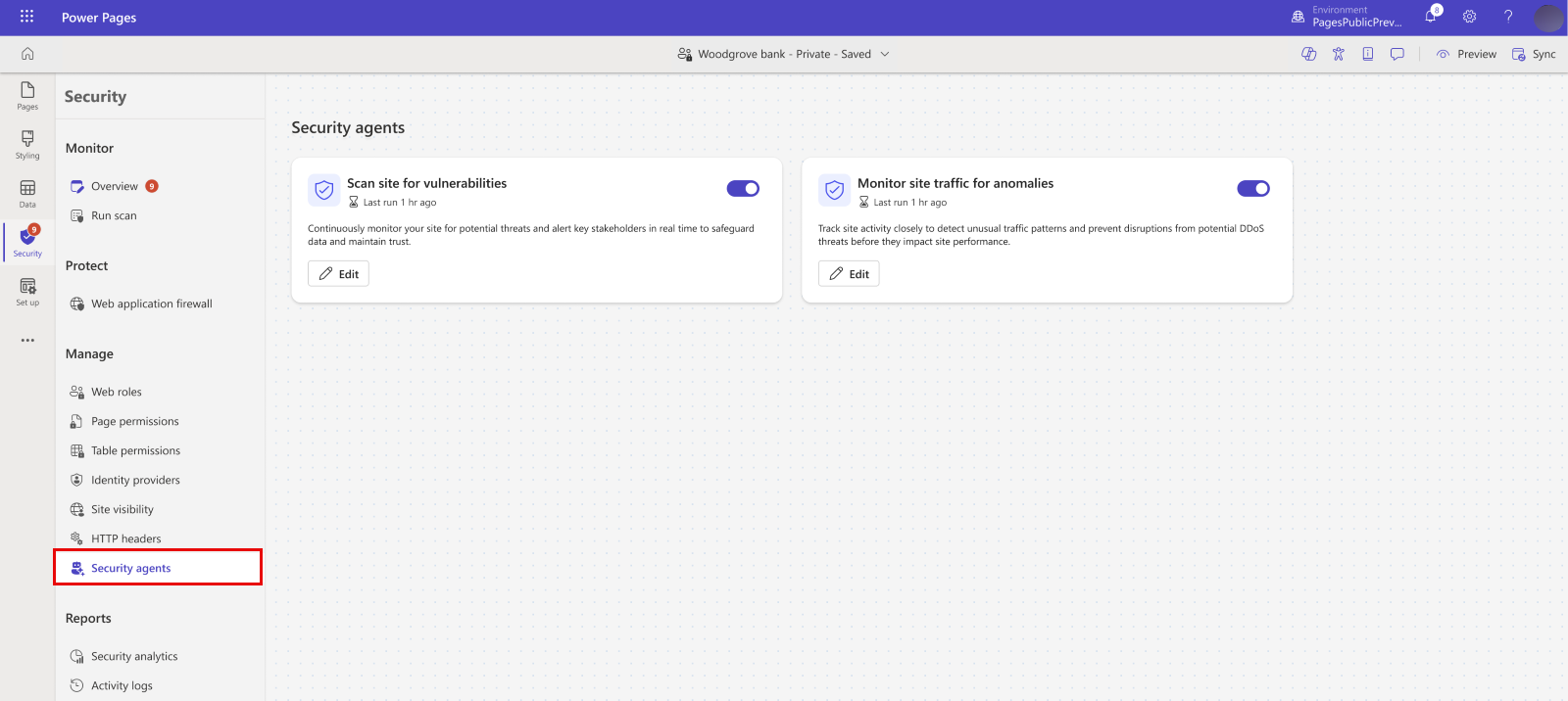 Power Pages design studio のセキュリティ エージェント構成タブのスクリーンショット
