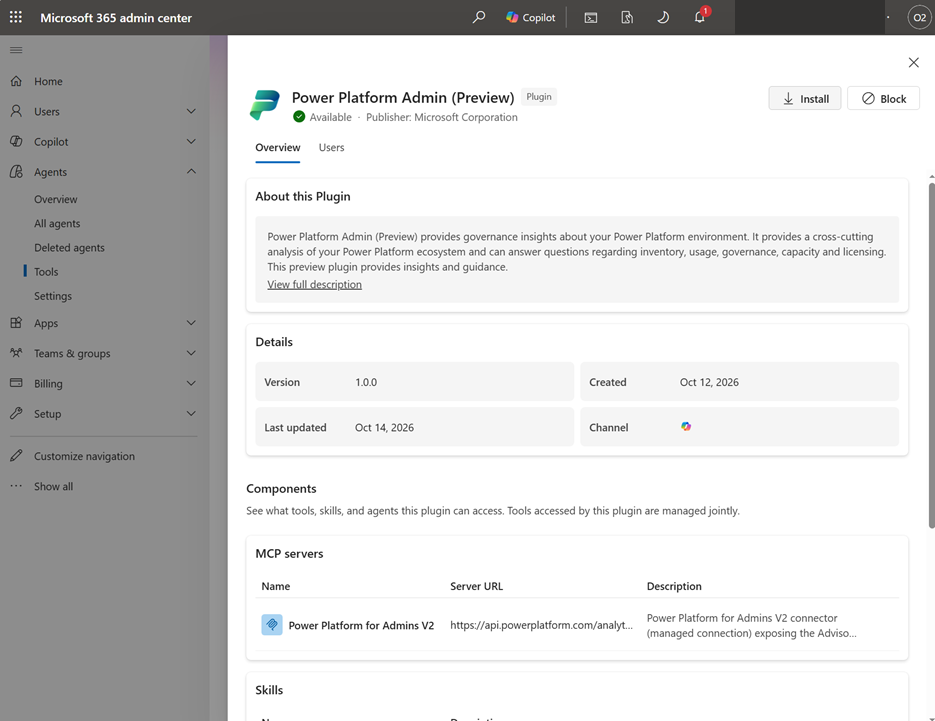 [インストール] ボタンを使用したMicrosoft 365 管理センターの Power Platform Admin (プレビュー) プラグインの概要。