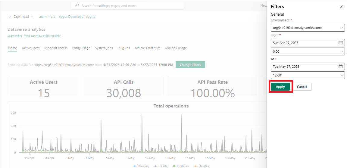 Dataverse の分析ページページでフィルターの変更ボタンを選択した際に表示されるフィルター パネルを表示します。