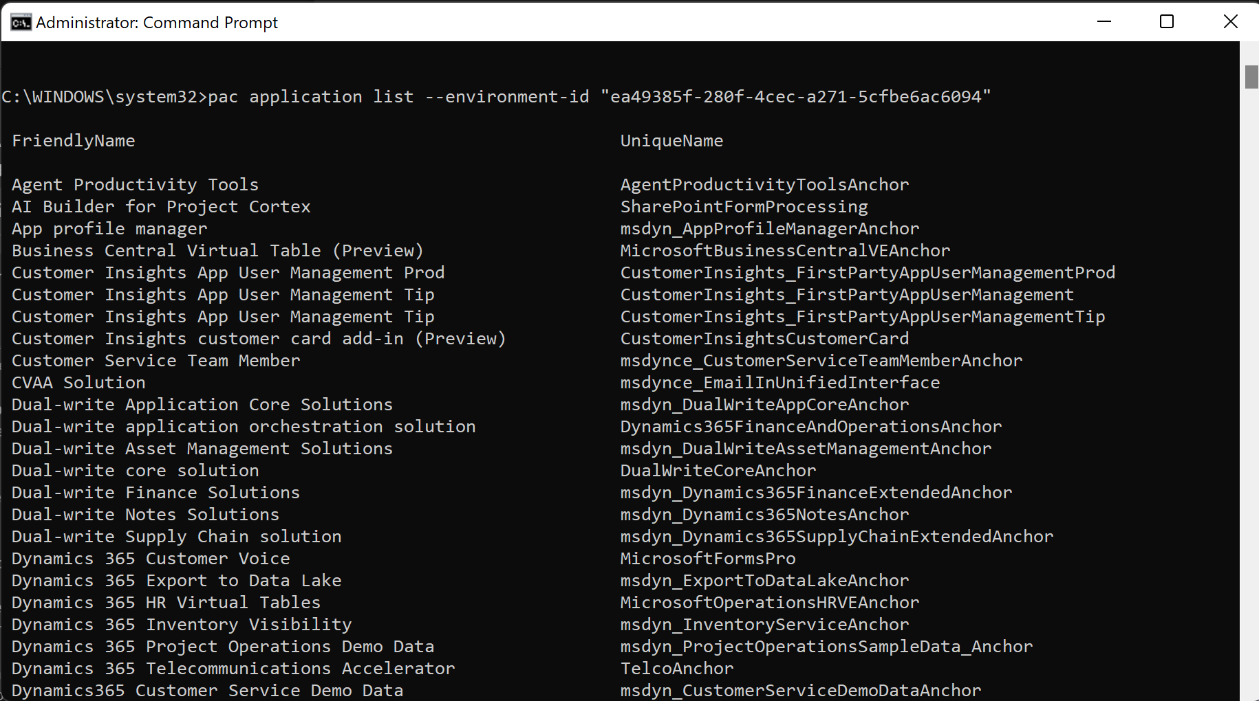 環境のアプリを一覧表示します。