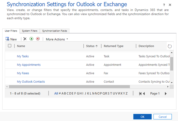 Outlook または Exchange の同期の設定ページを示すスクリーンショット。