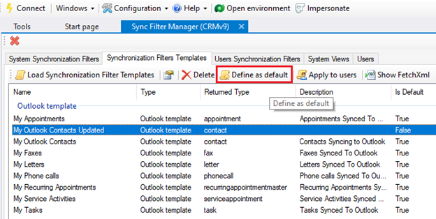 更新された自分の Outlook 連絡先が選択され、コマンド バーに既定として定義コマンドが強調表示されているスクリーンショット。