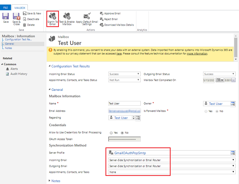 OAuth メールボックスの情報 OAuth メールボックス情報のスクリーンショット。