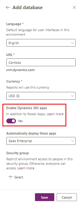 Dynamics 365 アプリを有効にするを選択します。