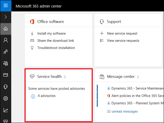 Microsoft 365 管理センター Service Health ダッシュボード。