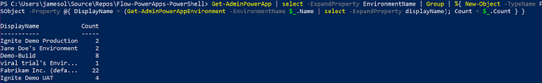 環境のアプリ番号の詳細を取得するためのユーザー PowerShell。