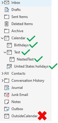 Outlook のメールボックスのスクリーンショット。メインのカレンダー フォルダーから同期できる予定を示しています。