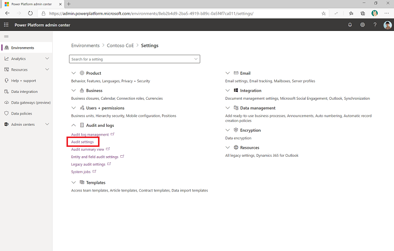Power Platform 管理センターで監査を有効にします。