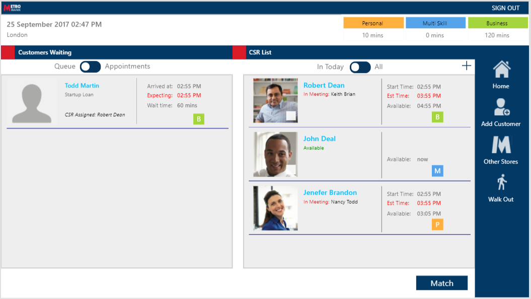 キューで待機している顧客と対応可能な顧客サービス担当者を照合する Metro Bank アプリのスクリーンショット。