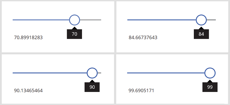 4 つの異なるスライダー設定 70.899、84.667、90.134、99.690 に対して、4 つの異なるランダムな小数値が Label コントロールに表示されている 4 つの画面。