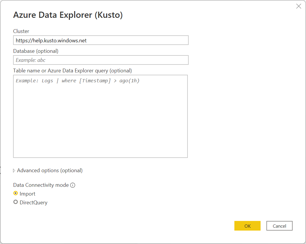 Azure Data Explorer (Kusto) ダイアログ ボックスのスクリーンショット。クラスターの URL が入力されています。