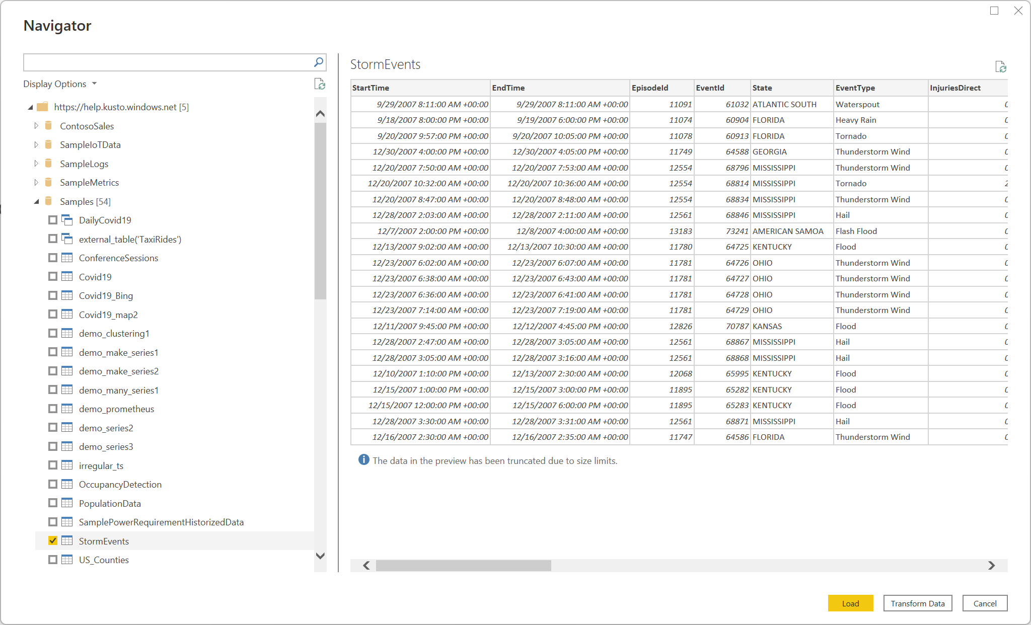 サンプル データベース内の StormEvents からのデータを含むナビゲーターのスクリーンショット。
