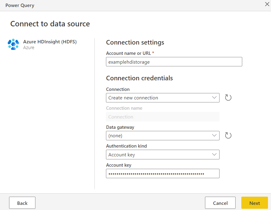 Screenshot of the Azure HDInsight page in Power Query online with account key selected and values provided.