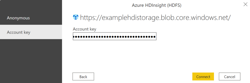 Screenshot of the Azure HDInsight dialog, showing an account key entered in the space.