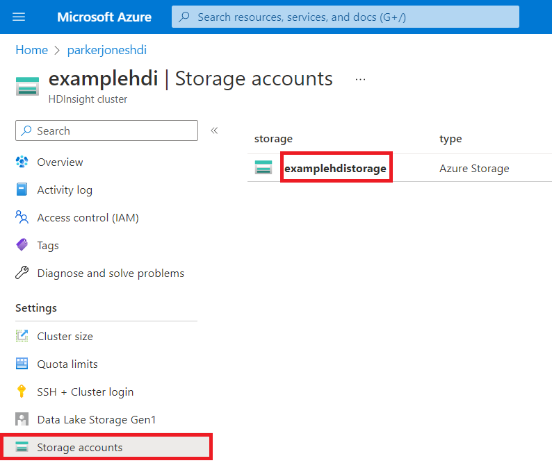Screenshot of the HDInsight account in the Azure portal, with the Storage accounts menu highlighted and a storage account selected.