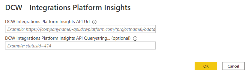 Image with DCW Integrations Platform Insights dialog box before the API URL is entered.